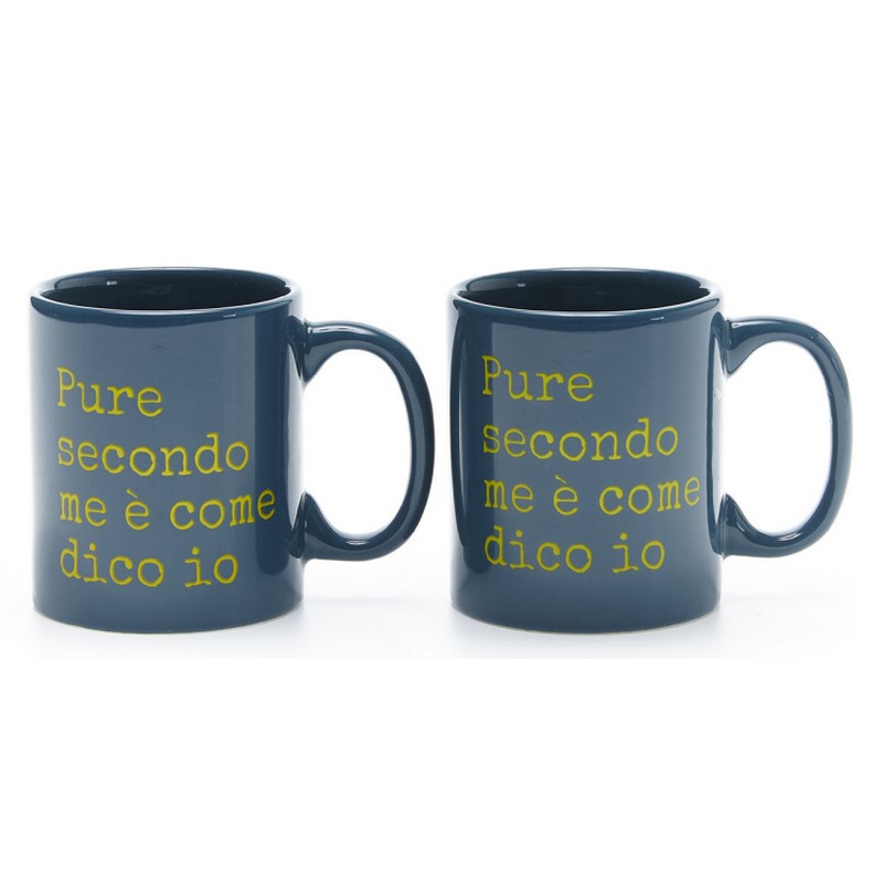 Set di 2 tazzine da caffè blu con manico decorate con scritta “Pure secondo me è come dico io”